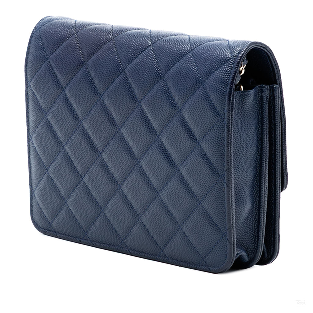 Second hand Chanel WOC Square Caviar Leather Quilted Flap Crossbody Blue - Tabita Bags