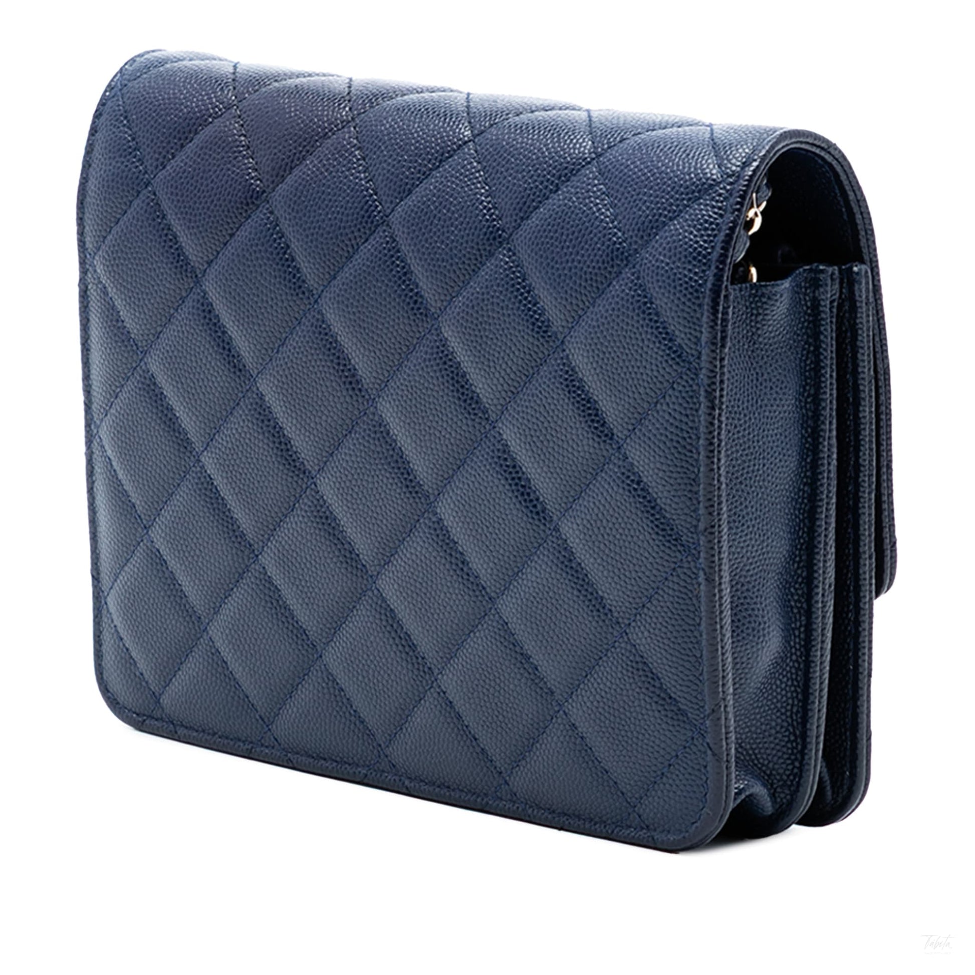 Second hand Chanel WOC Square Caviar Leather Quilted Flap Crossbody Blue - Tabita Bags