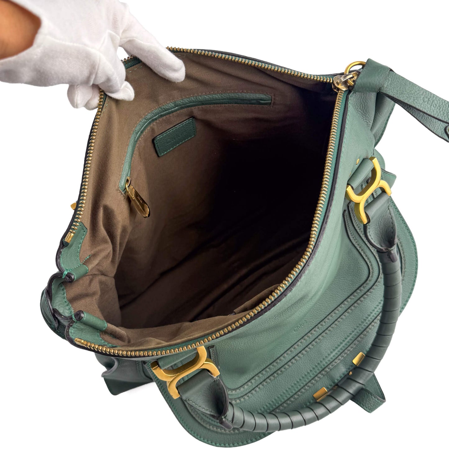 Second hand Chloé Marcie Medium Calfskin Leather Hobo Shoulder Bag Eucalyptus Green - Tabita Bags