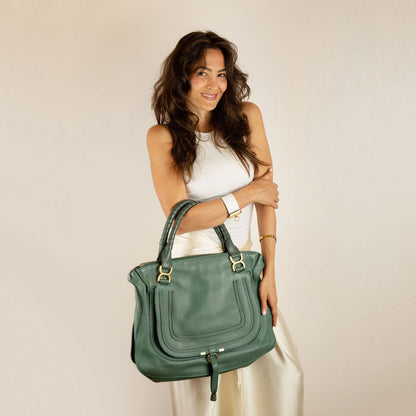 Second hand Chloé Marcie Medium Calfskin Leather Hobo Shoulder Bag Eucalyptus Green - Tabita Bags