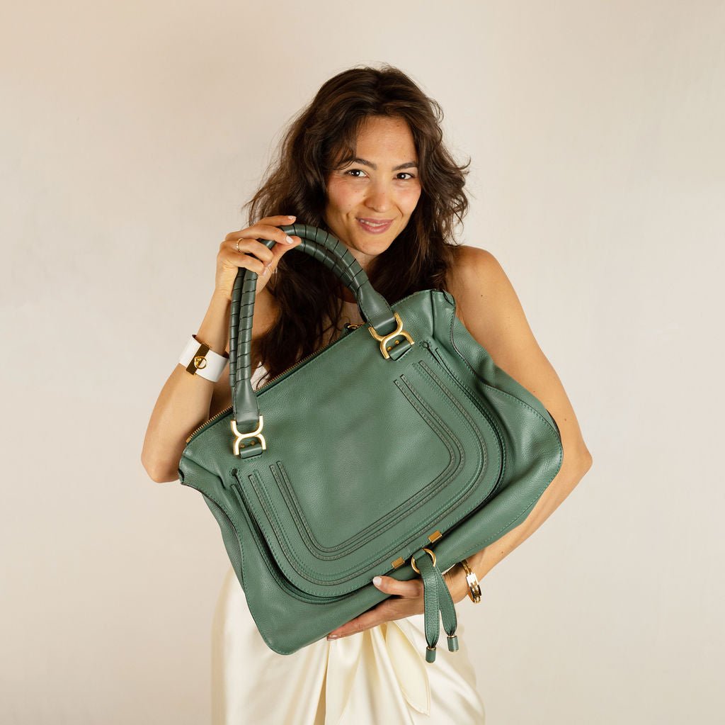 Second hand Chloé Marcie Medium Calfskin Leather Hobo Shoulder Bag Eucalyptus Green - Tabita Bags