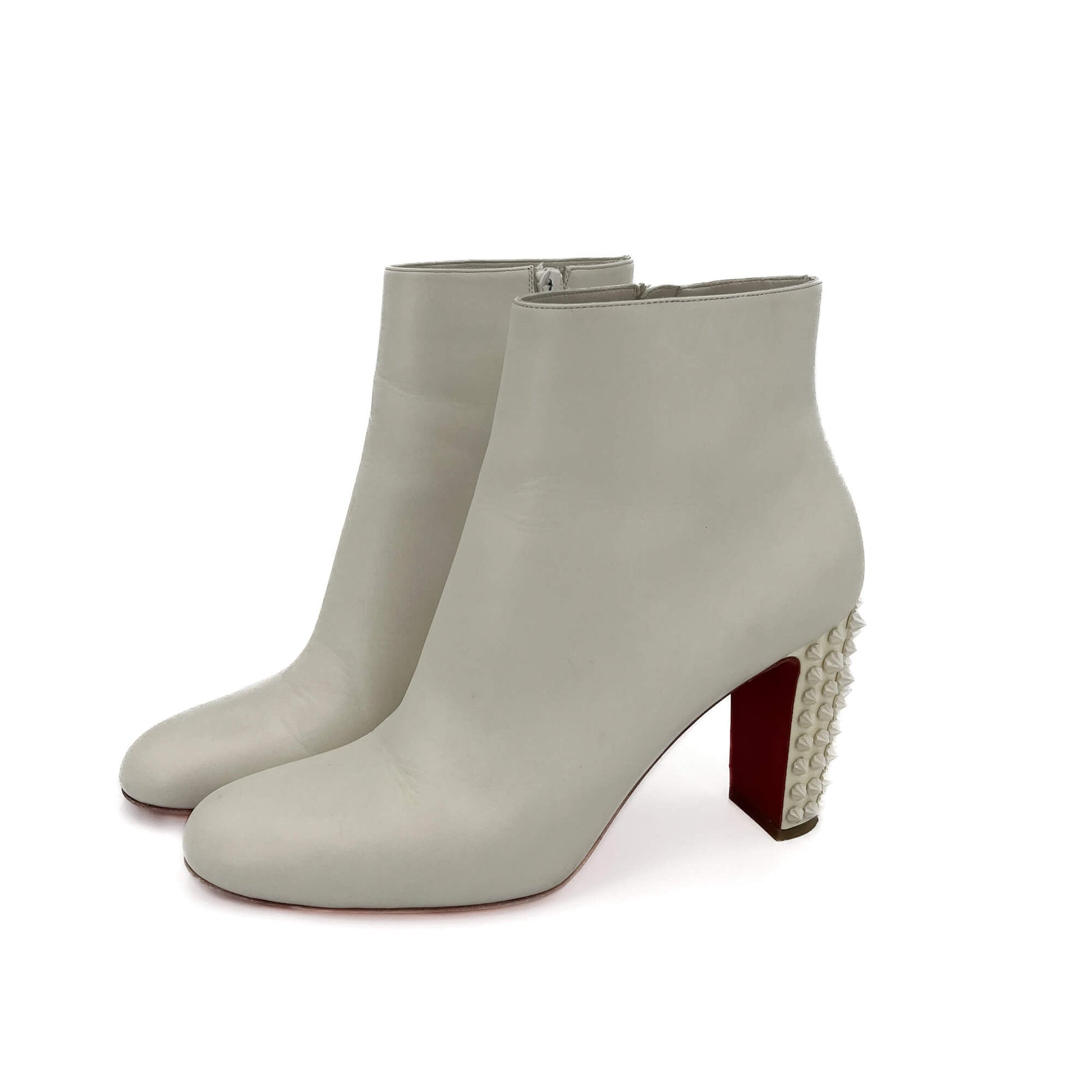 Second hand Christian Louboutin Spikoo Spiked Leather High Heel Boots 40 White - Tabita Bags