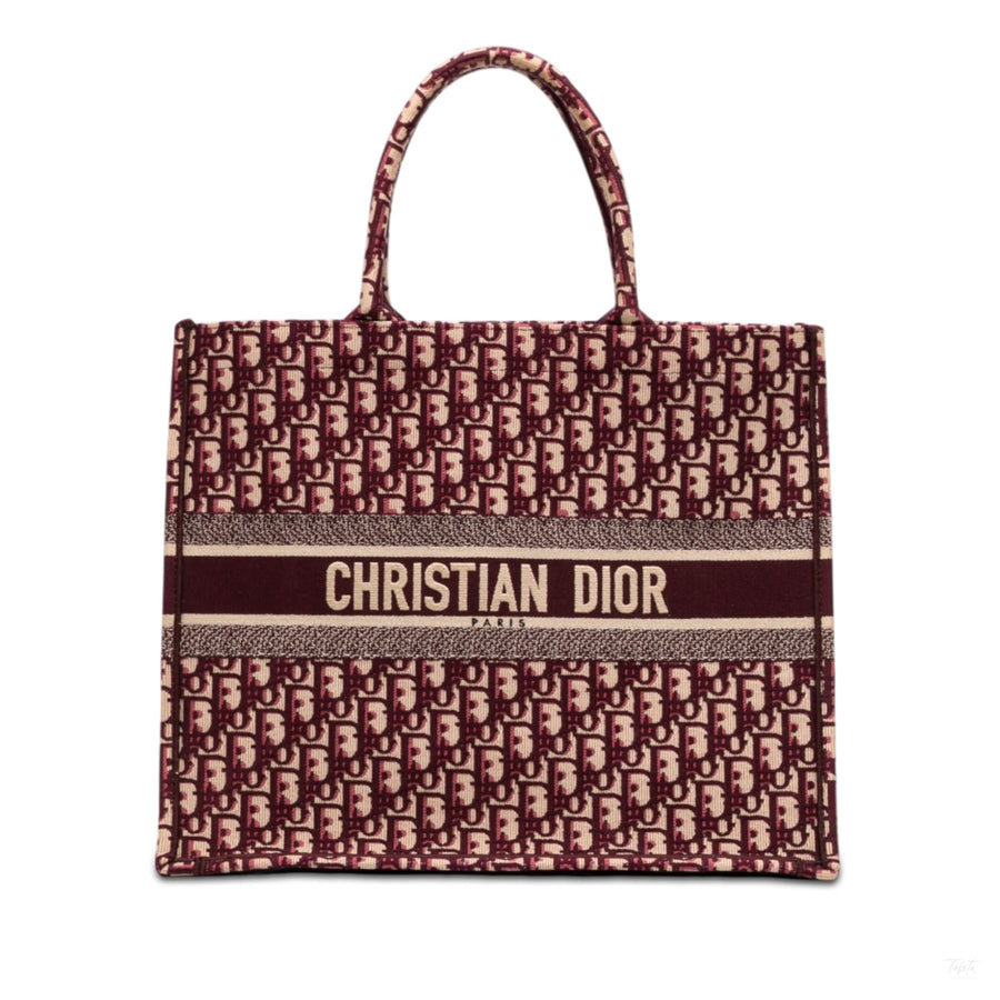 Second hand Dior Book Tote Large Canvas Embroidery Handbag Oblique Red - Tabita Bags