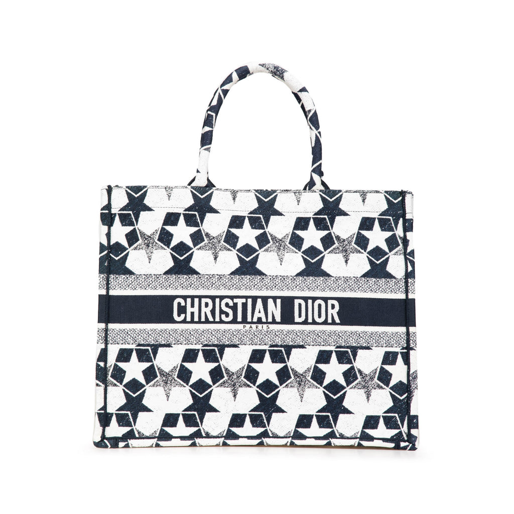 Second hand Dior Book Tote Large Embroidery Canvas Handbag Blue - Tabita Bags