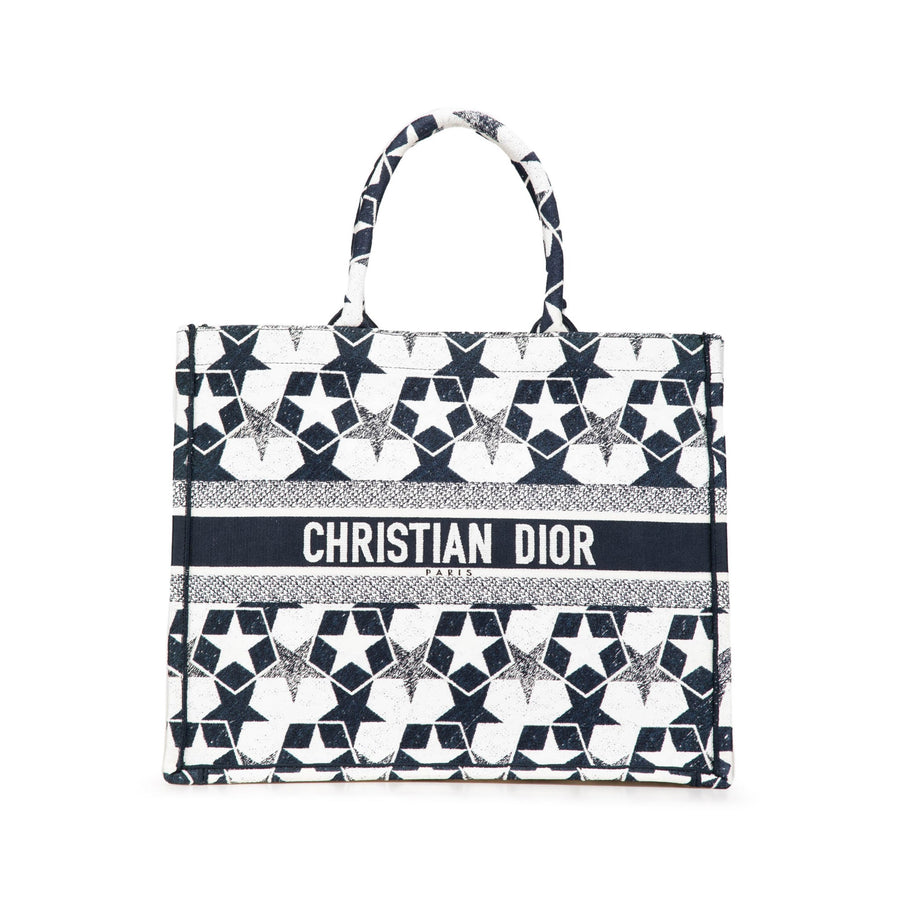 Second hand Dior Book Tote Large Embroidery Canvas Handbag Blue - Tabita Bags