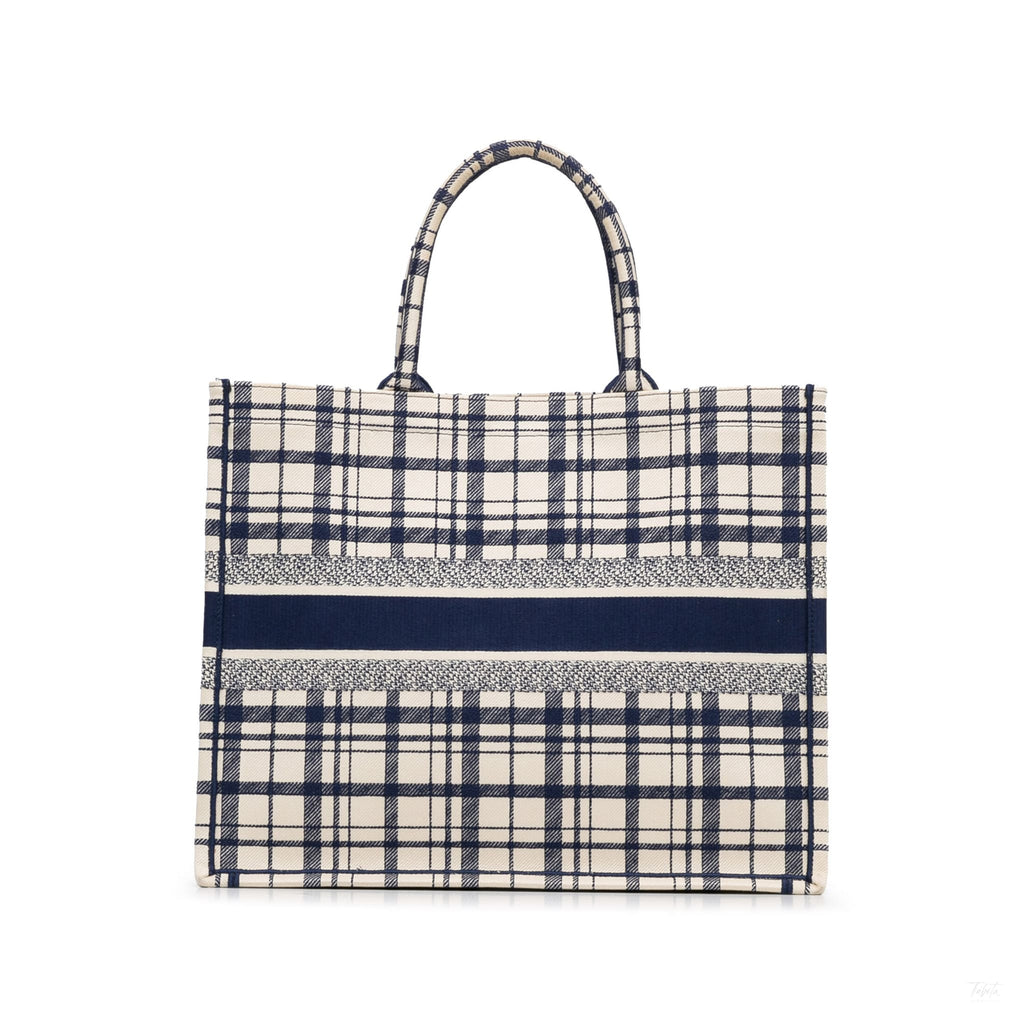 Second hand Dior Book Tote Large Embroidery Canvas Handbag Blue - Tabita Bags