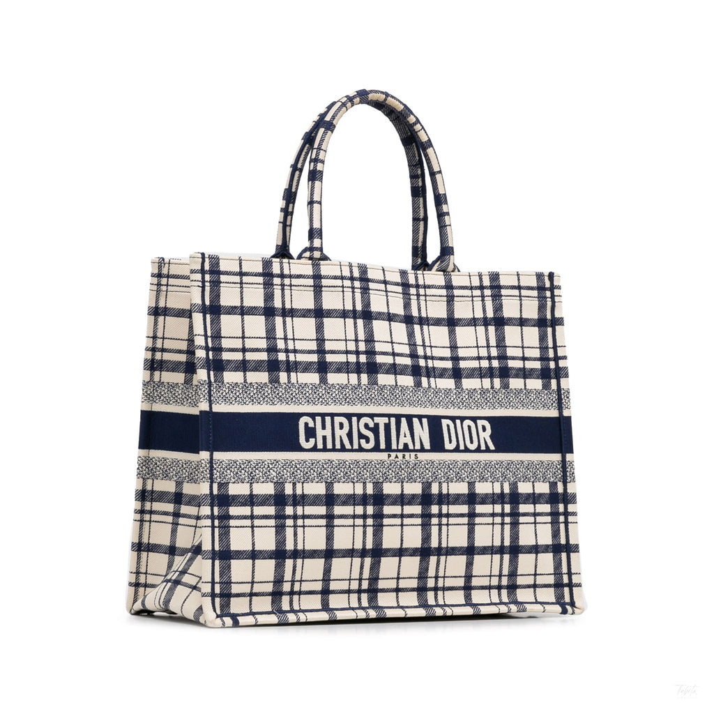 Second hand Dior Book Tote Large Embroidery Canvas Handbag Blue - Tabita Bags