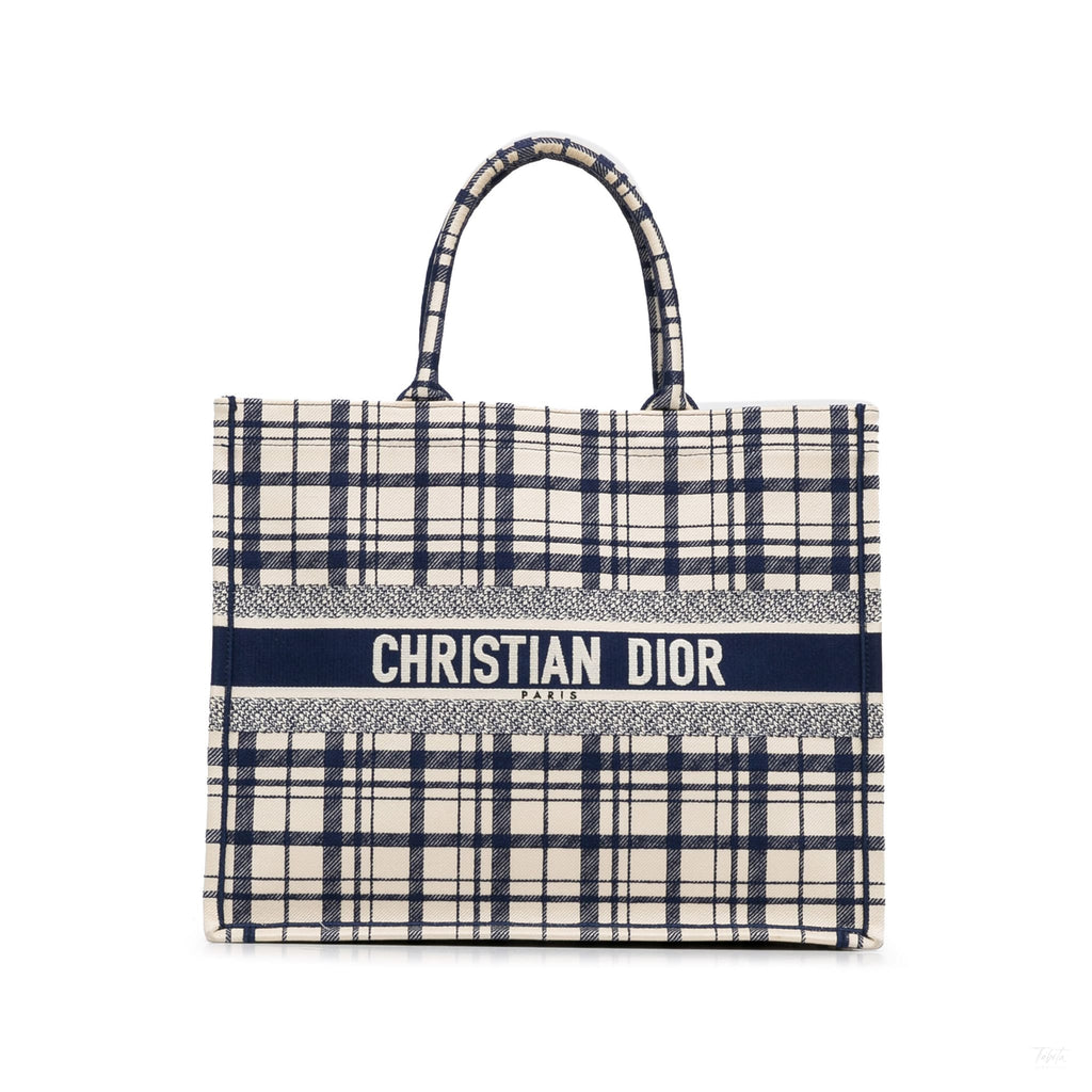 Second hand Dior Book Tote Large Embroidery Canvas Handbag Blue - Tabita Bags