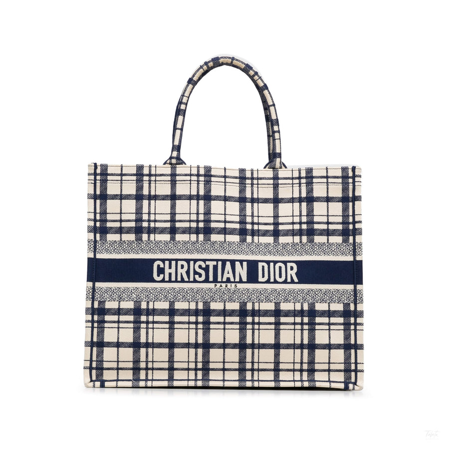 Second hand Dior Book Tote Large Embroidery Canvas Handbag Blue - Tabita Bags