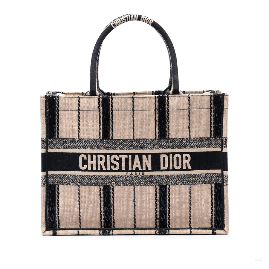 Second hand Dior Book Tote Medium Canvas Embroidery Handbag Beige - Tabita Bags