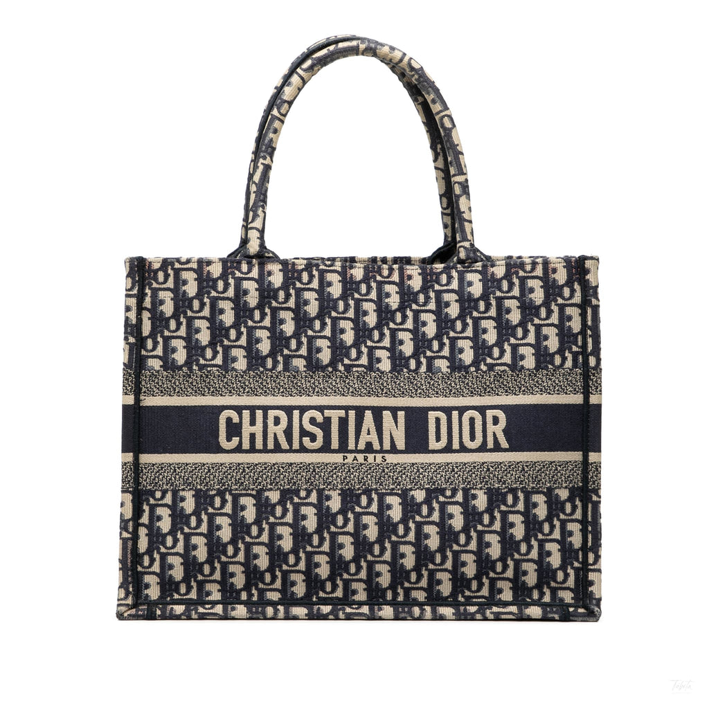 Second hand Dior Book Tote Medium Canvas Embroidery Handbag Oblique Blue - Tabita Bags