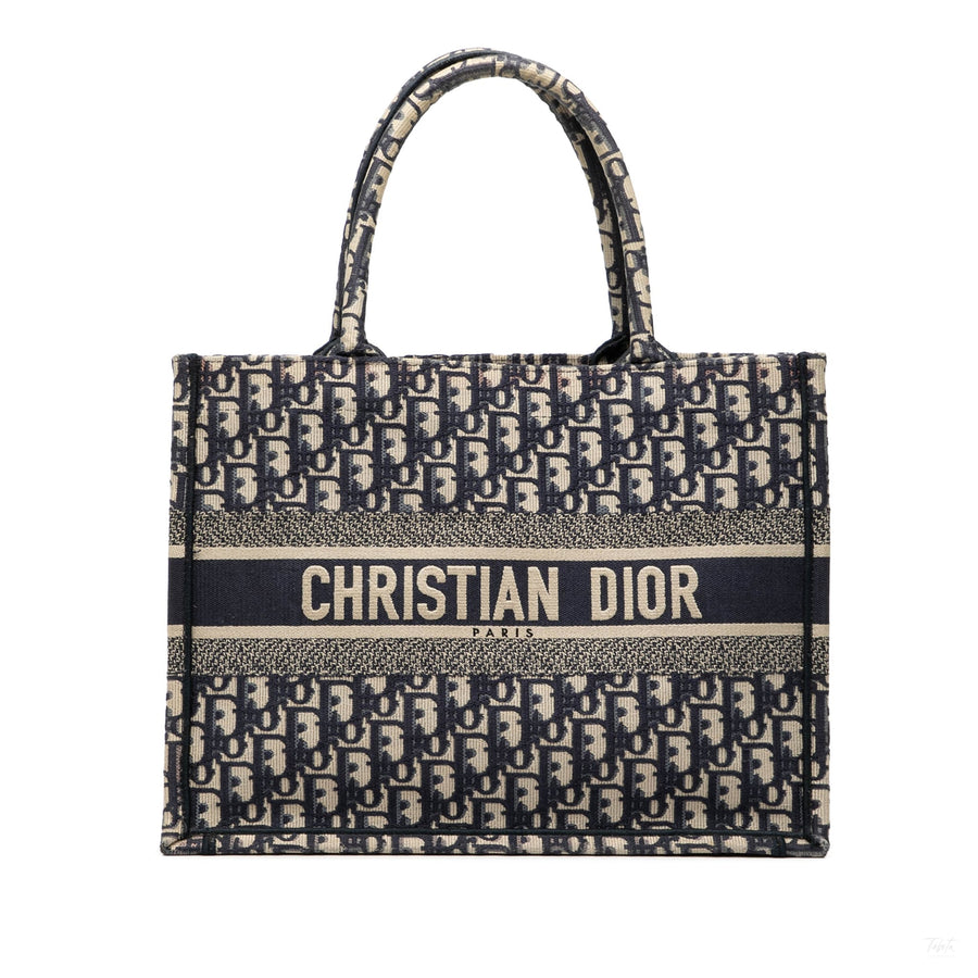 Second hand Dior Book Tote Medium Canvas Embroidery Handbag Oblique Blue - Tabita Bags