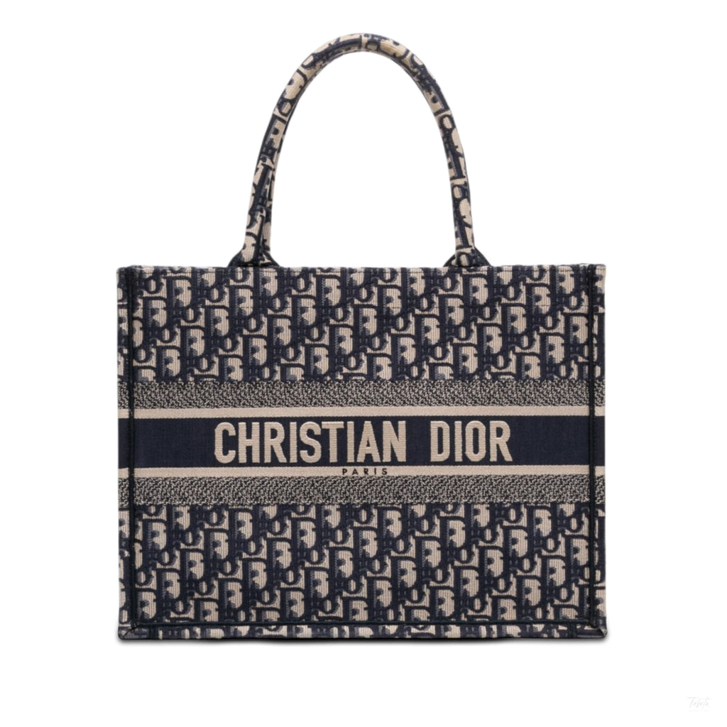 Second hand Dior Book Tote Medium Canvas Embroidery Handbag Oblique Blue - Tabita Bags
