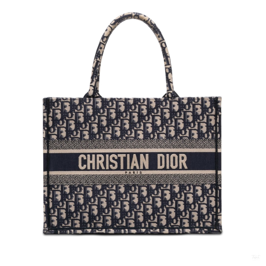 Second hand Dior Book Tote Medium Canvas Embroidery Handbag Oblique Blue - Tabita Bags