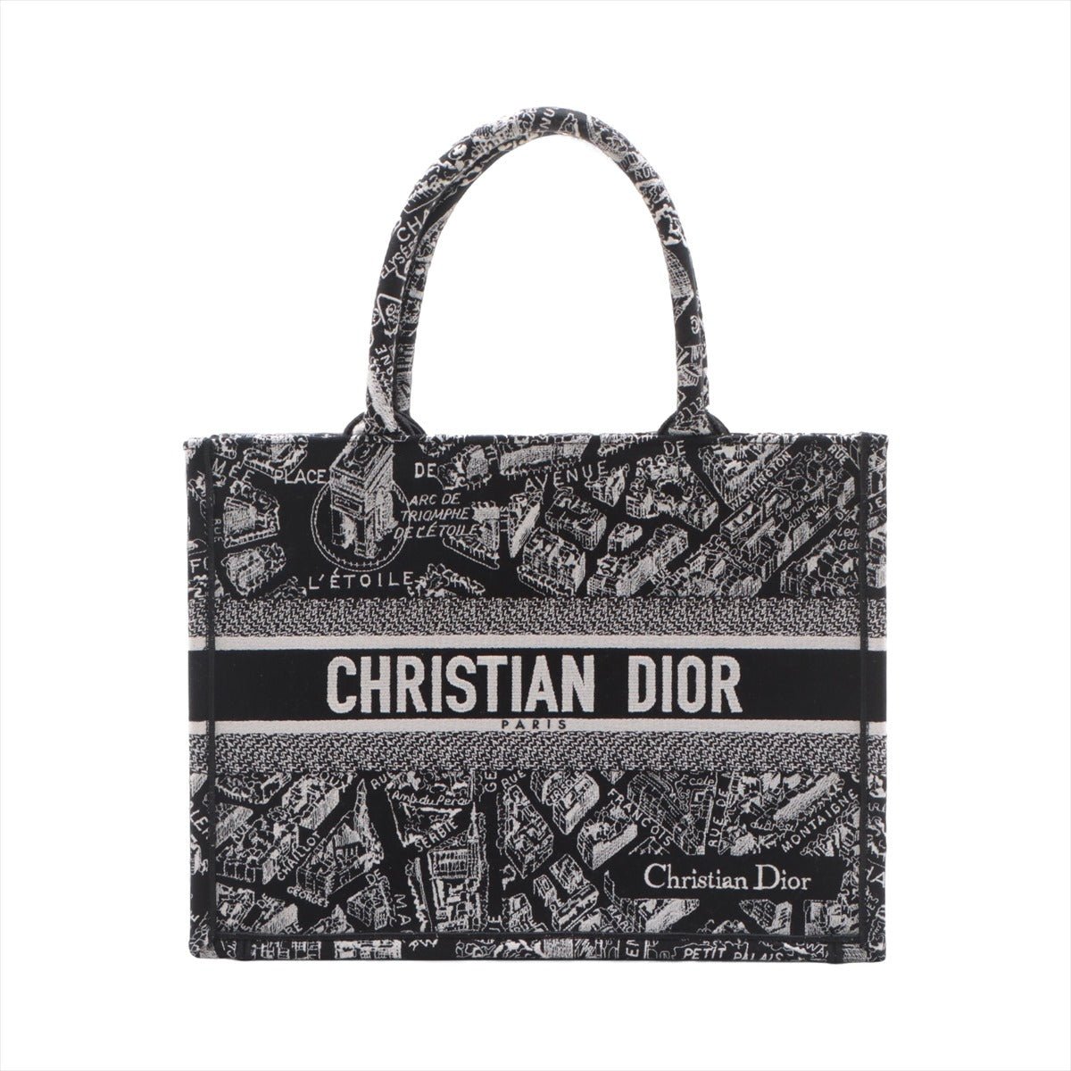 Second hand Dior Book Tote Medium Canvas Embroidery Handbag Plan de Paris Black & White - Tabita Bags