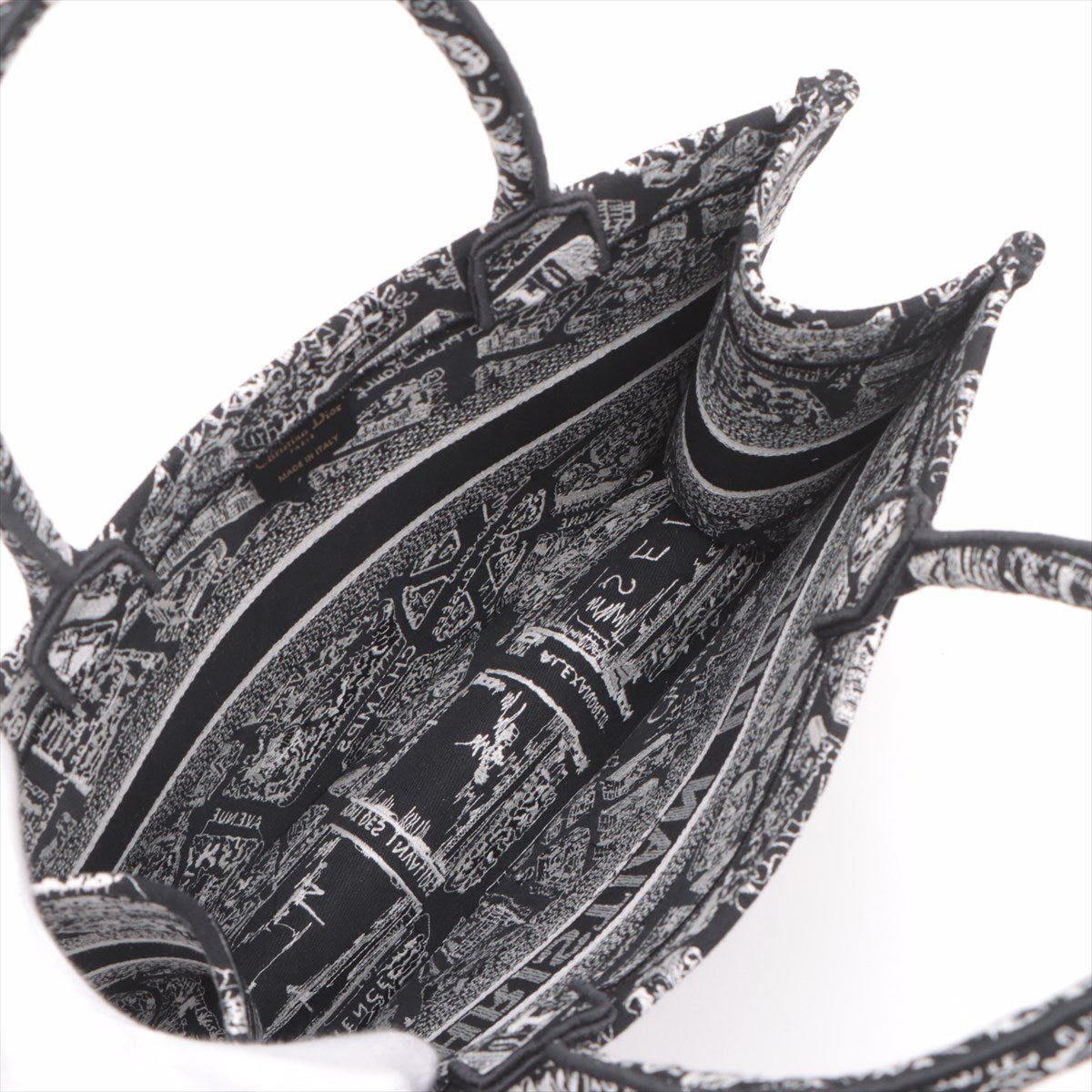 Second hand Dior Book Tote Medium Canvas Embroidery Handbag Plan de Paris Black & White - Tabita Bags