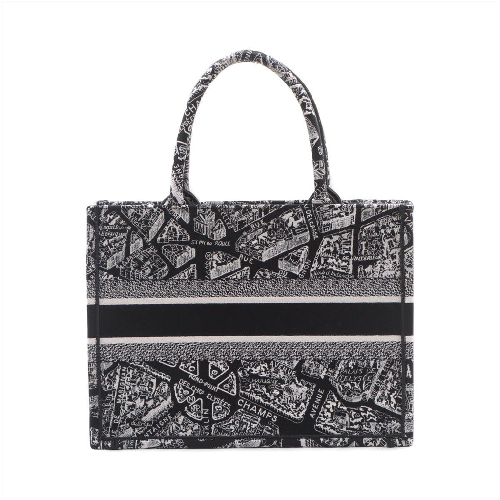 Second hand Dior Book Tote Medium Canvas Embroidery Handbag Plan de Paris Black & White - Tabita Bags