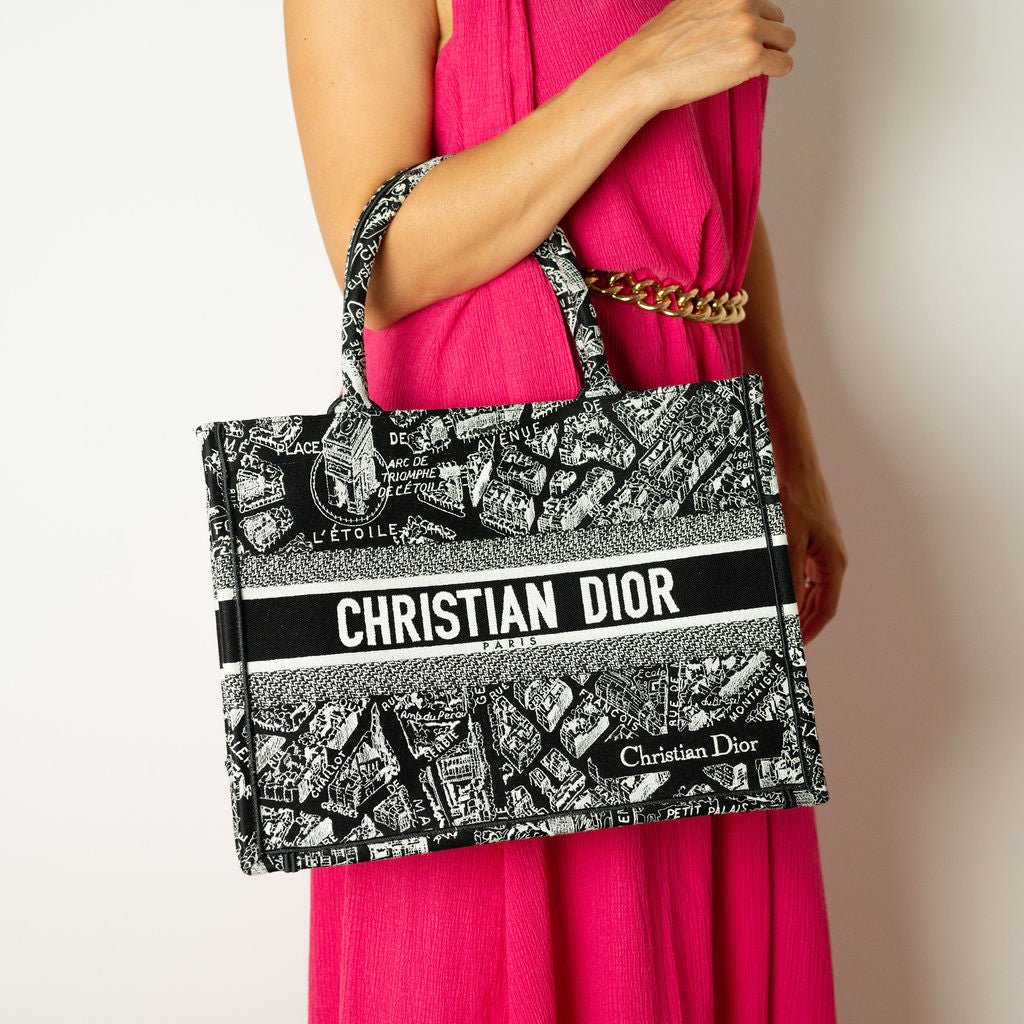 Second hand Dior Book Tote Medium Canvas Embroidery Handbag Plan de Paris Black & White - Tabita Bags