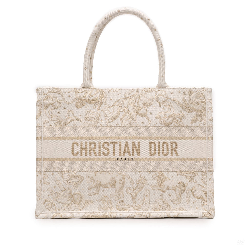 Second hand Dior Book Tote Medium Canvas Embroidery Handbag Zodiac Saint Barth Brown - Tabita Bags