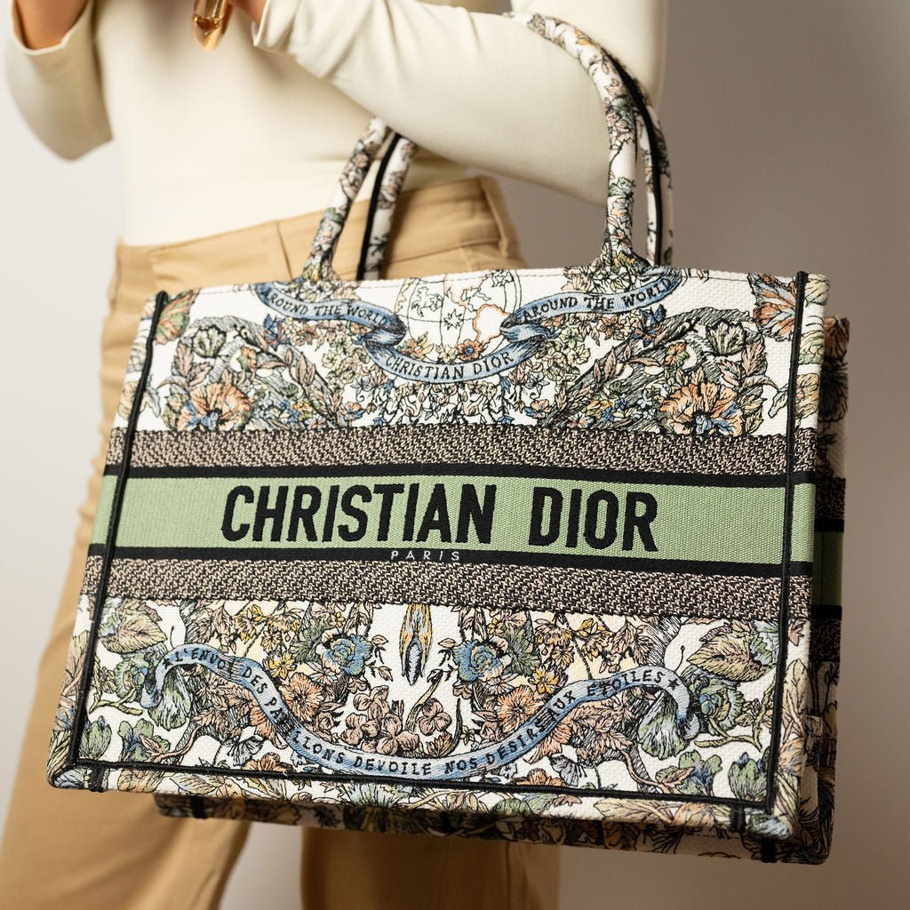 Second hand Dior Book Tote Medium Embroidery Canvas Bag Butterfly Around The World Name Susie Green - Tabita Bags