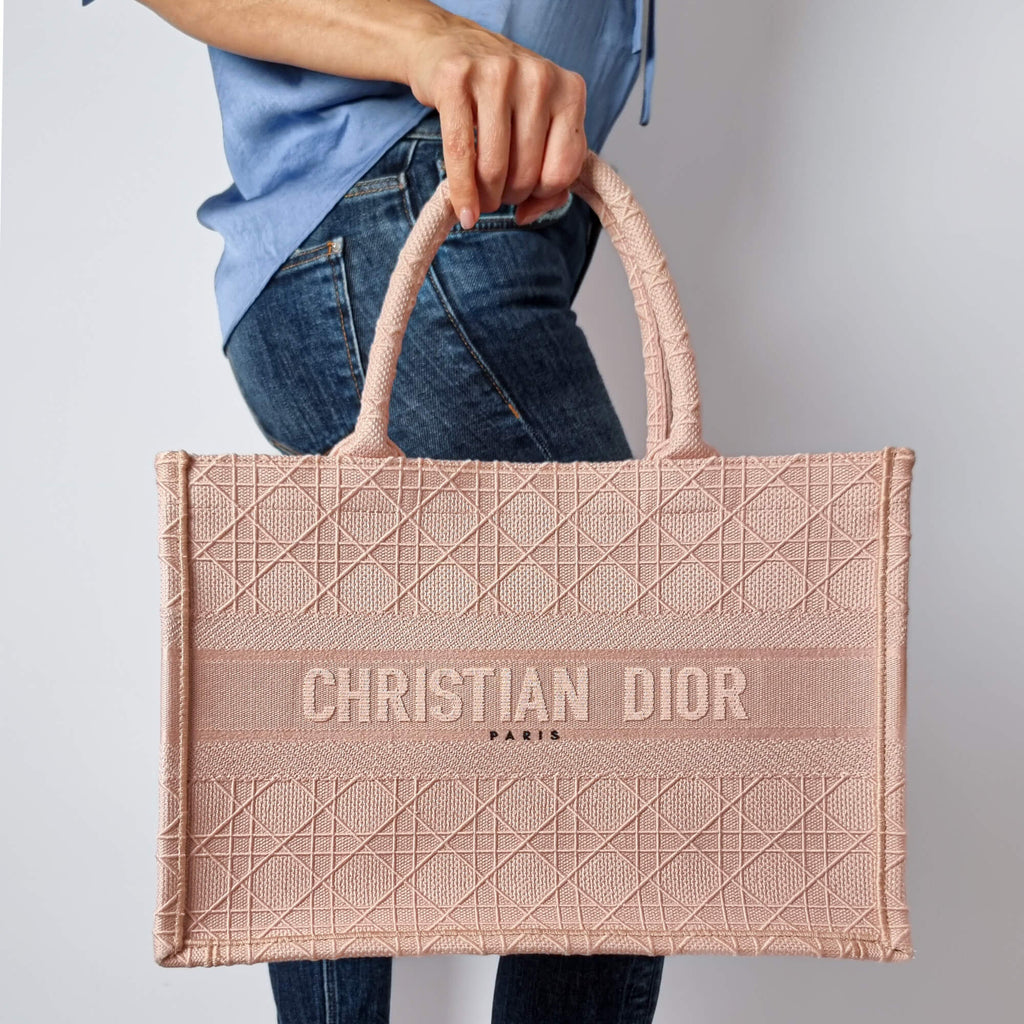 Second hand Dior Book Tote Medium Embroidery Canvas Bag Pink - Tabita Bags