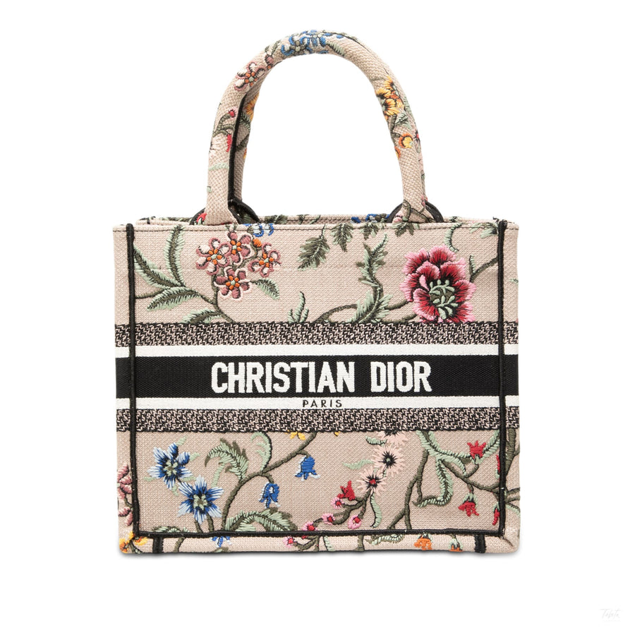 Second hand Dior Book Tote Small Embroidery Canvas Tote Bag Petites Fleurs Brown - Tabita Bags
