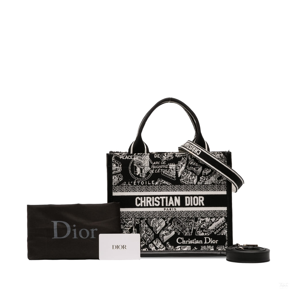 Second hand Dior Book Tote Small Embroidery Canvas Tote Bag Plan De Paris Black - Tabita Bags