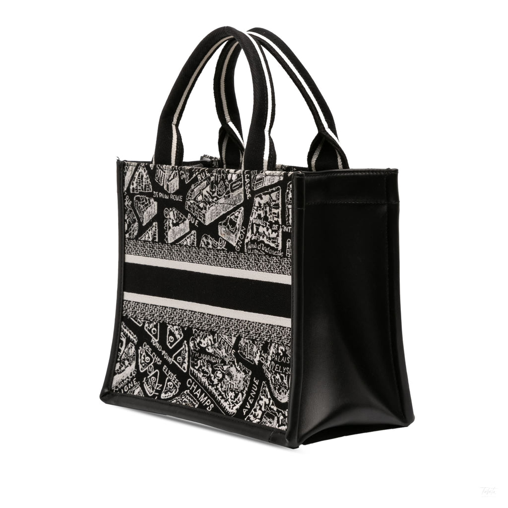Second hand Dior Book Tote Small Embroidery Canvas Tote Bag Plan De Paris Black - Tabita Bags
