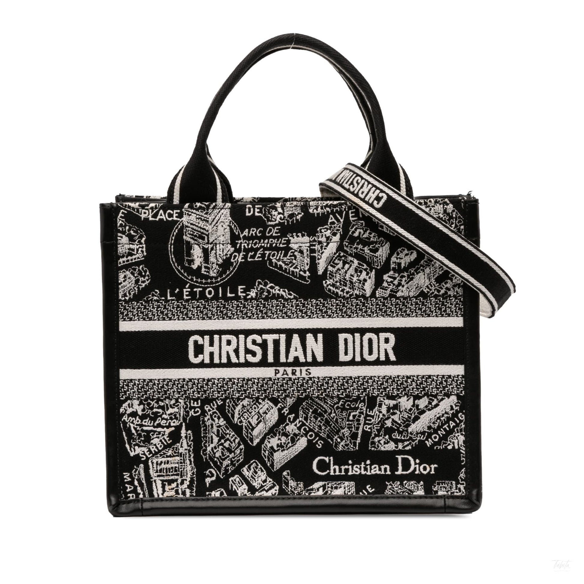 Second hand Dior Book Tote Small Embroidery Canvas Tote Bag Plan De Paris Black - Tabita Bags