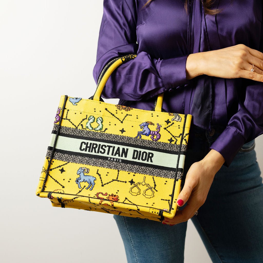 Second hand Dior Book Tote Small Embroidery Canvas Tote Bag Yellow - Tabita Bags