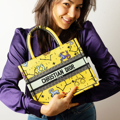 Second hand Dior Book Tote Small Embroidery Canvas Tote Bag Yellow - Tabita Bags