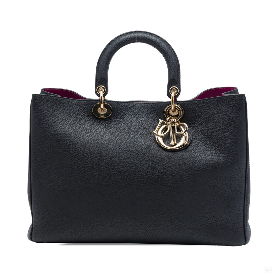 Second hand Dior Diorissimo Large Pebbled Calfskin Leather Satchel Handbag Black - Tabita Bags