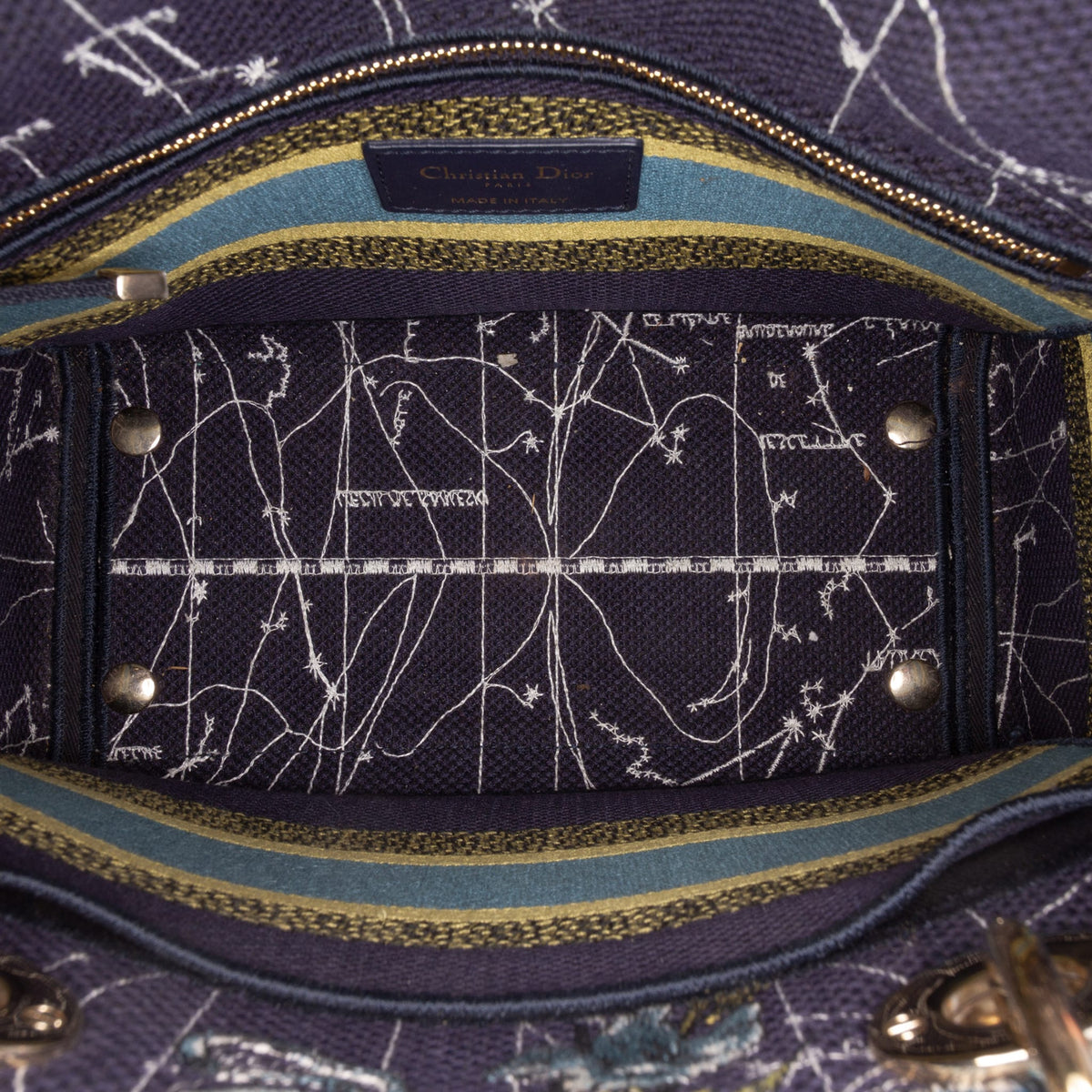 Second hand Dior Lady D-Lite Medium Canvas Embroidery Tote Handbag Blue - Tabita Bags