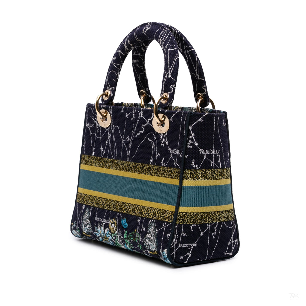 Second hand Dior Lady D-Lite Medium Canvas Embroidery Tote Handbag Blue - Tabita Bags
