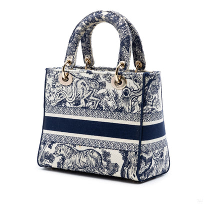 Second hand Dior Lady D - Lite Medium Canvas Embroidery Tote Handbag Blue - Tabita Bags