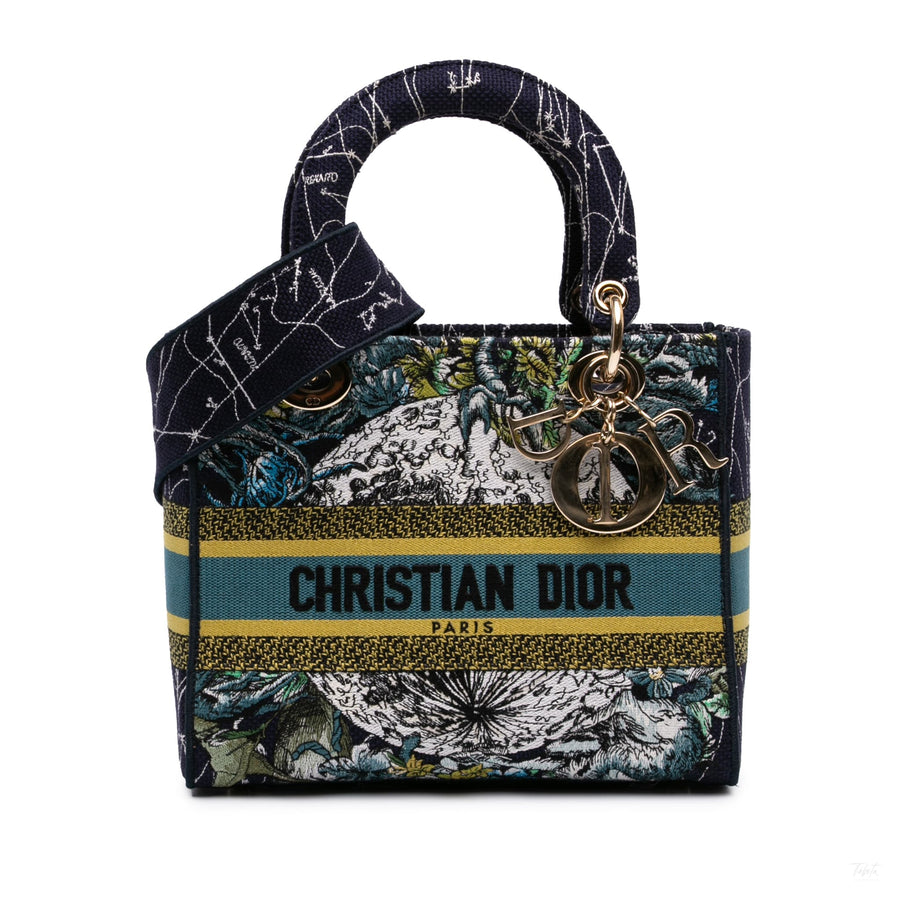 Second hand Dior Lady D-Lite Medium Canvas Embroidery Tote Handbag Blue - Tabita Bags