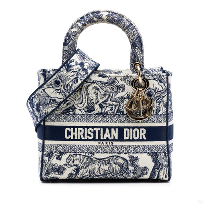 Second hand Dior Lady D - Lite Medium Canvas Embroidery Tote Handbag Blue - Tabita Bags