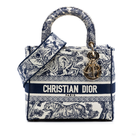 Second hand Dior Lady D - Lite Medium Canvas Embroidery Tote Handbag Blue - Tabita Bags