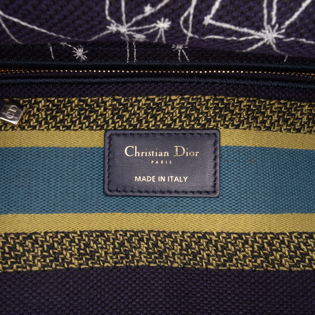 Second hand Dior Lady D-Lite Medium Canvas Embroidery Tote Handbag Blue - Tabita Bags