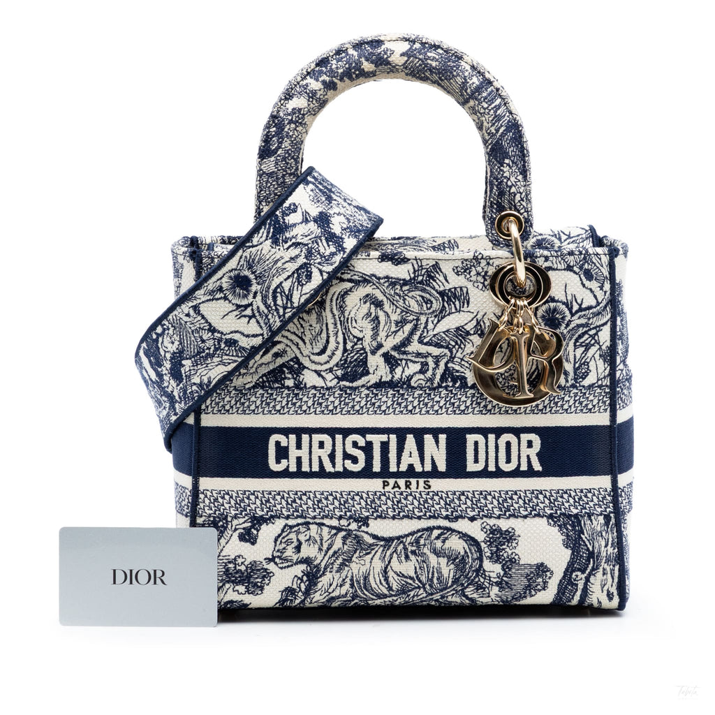Second hand Dior Lady D - Lite Medium Canvas Embroidery Tote Handbag Blue - Tabita Bags
