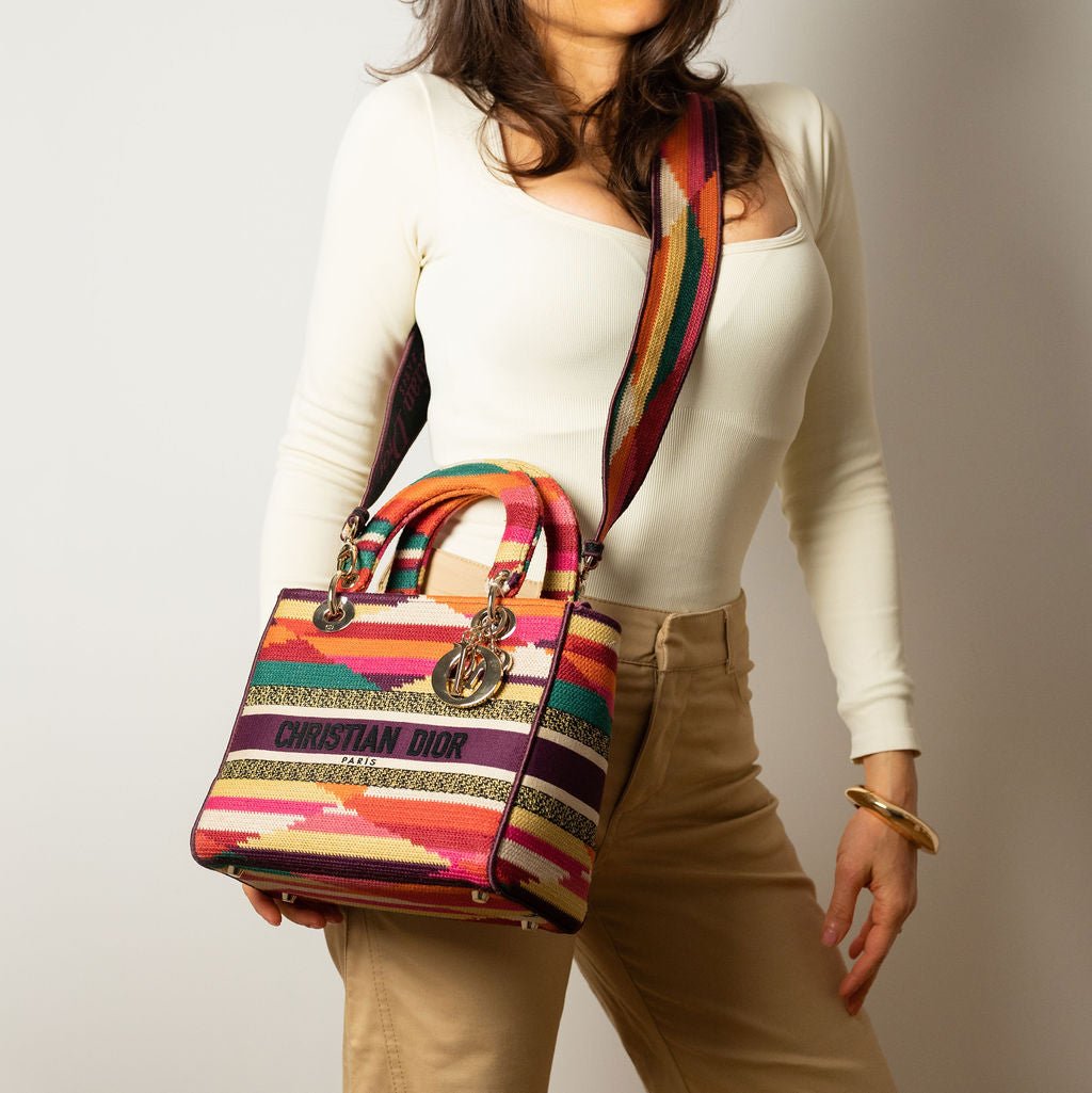 Dior Lady D-Lite Medium Toile brodée 2-Ways Tote Sac Multicolore