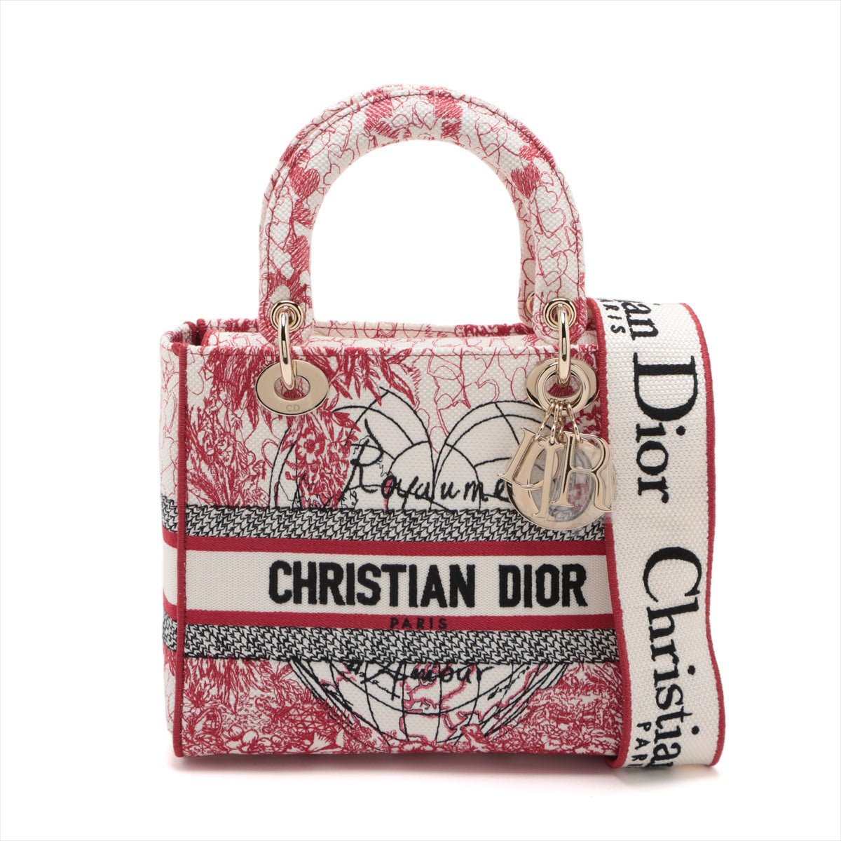 Second hand Dior Lady D-Lite Medium Embroidery Canvas 2-Ways Tote Bag White - Tabita Bags