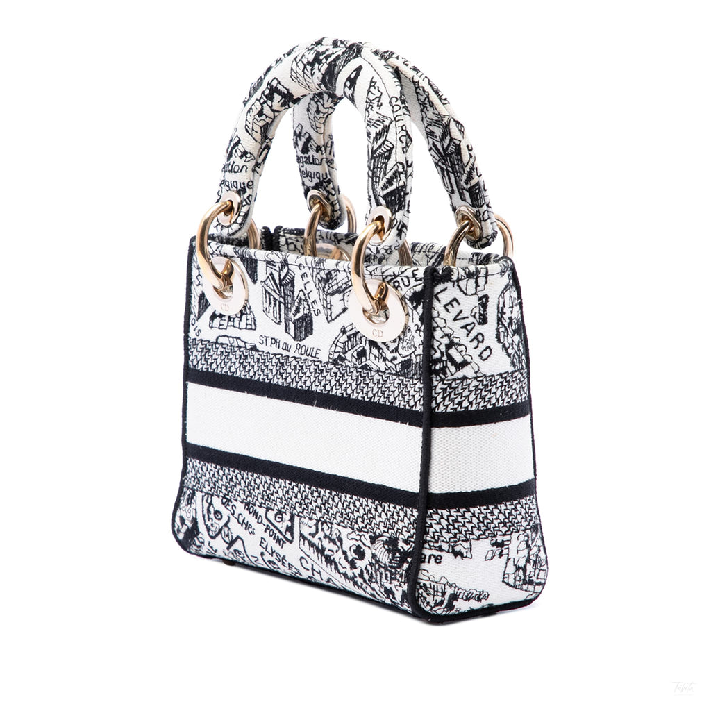 Second hand Dior Lady D-Lite Mini Canvas Embroidery Tote Handbag White - Tabita Bags