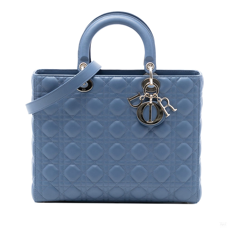 Second hand Dior Lady Dior Large Lambskin Leather Cannage Tote Handbag Blue - Tabita Bags