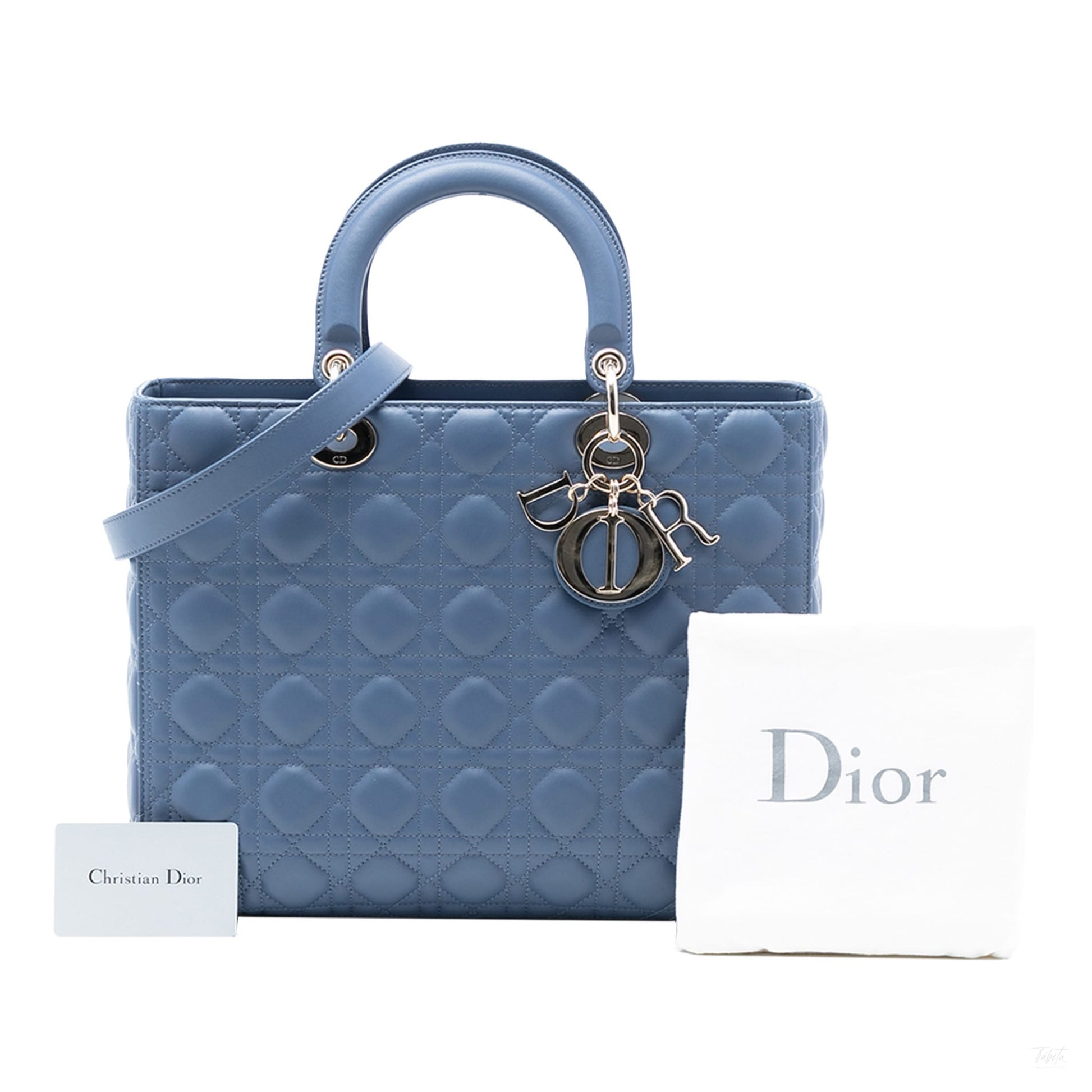 Second hand Dior Lady Dior Large Lambskin Leather Cannage Tote Handbag Blue - Tabita Bags