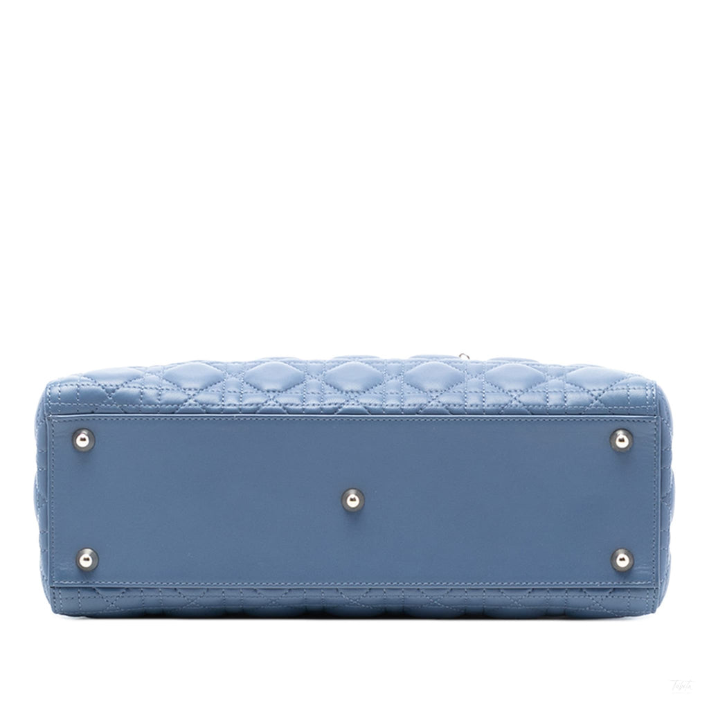 Second hand Dior Lady Dior Large Lambskin Leather Cannage Tote Handbag Blue - Tabita Bags