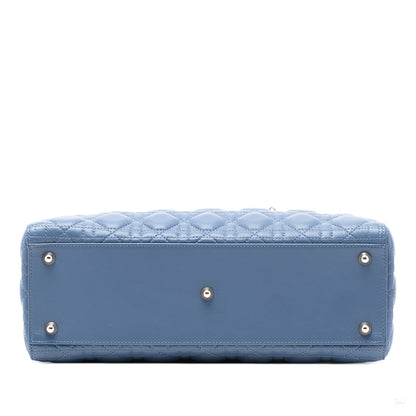 Second hand Dior Lady Dior Large Lambskin Leather Cannage Tote Handbag Blue - Tabita Bags