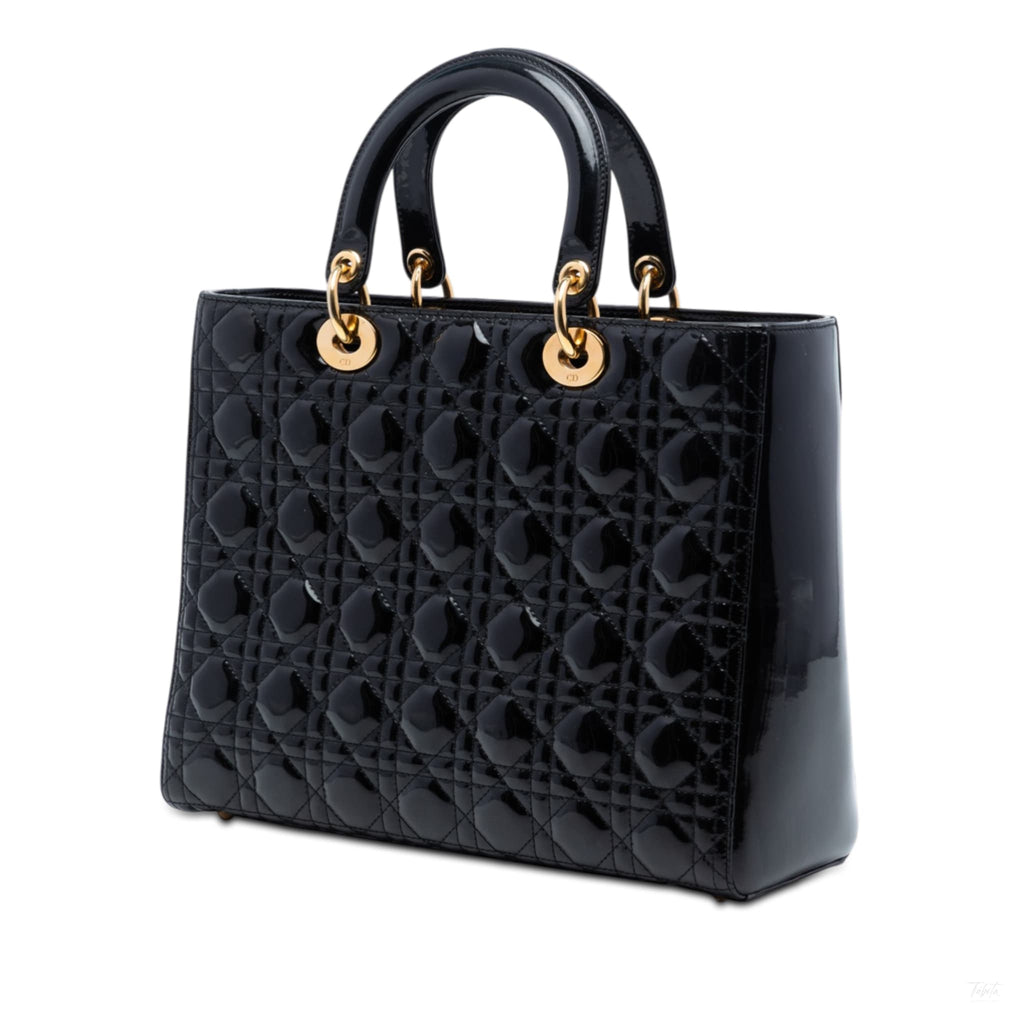 Second hand Dior Lady Dior Large Patent Leather Zip Cannage Tote Handbag Black - Tabita Bags