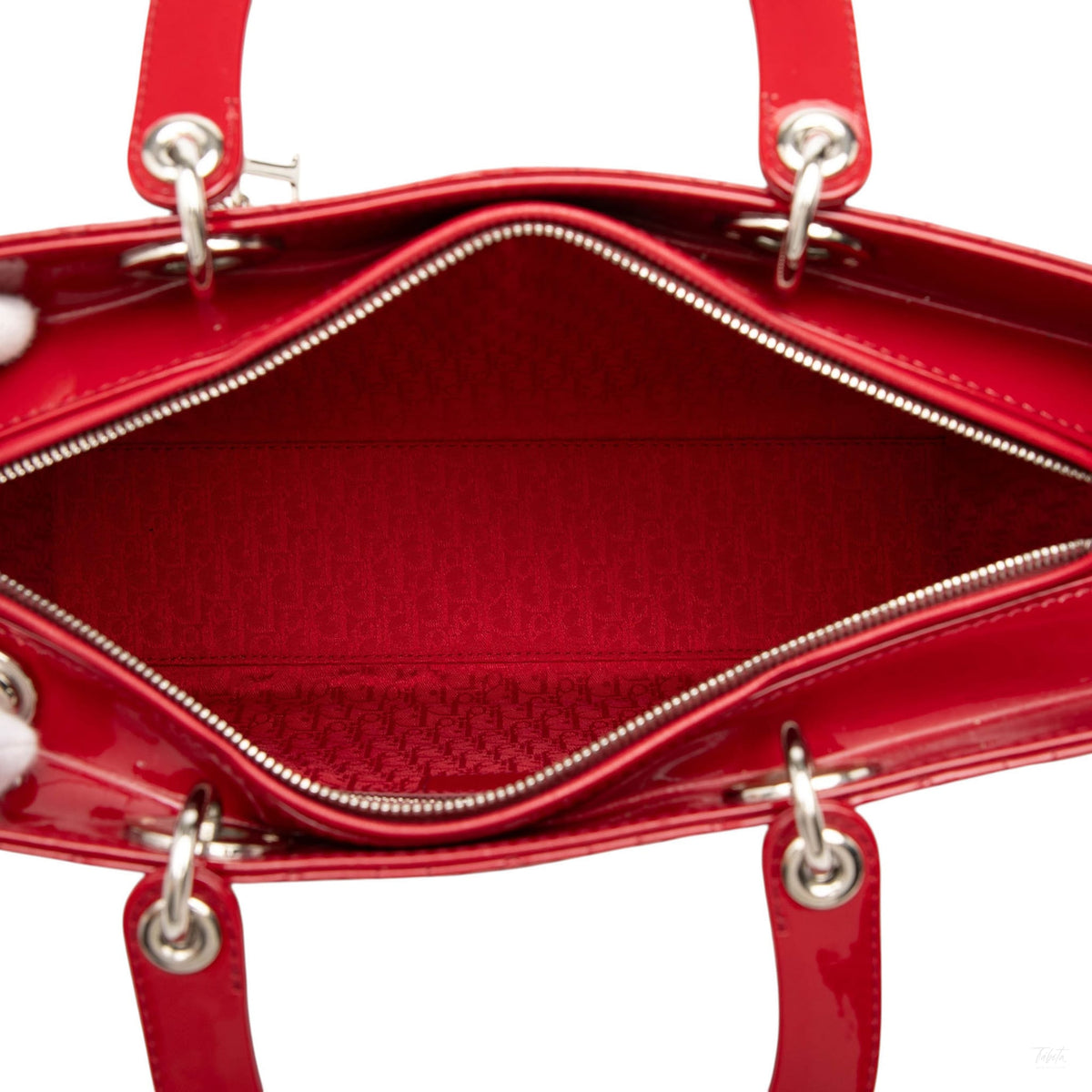 Second hand Dior Lady Dior Large Patent Leather Zip Cannage Tote Handbag Red - Tabita Bags