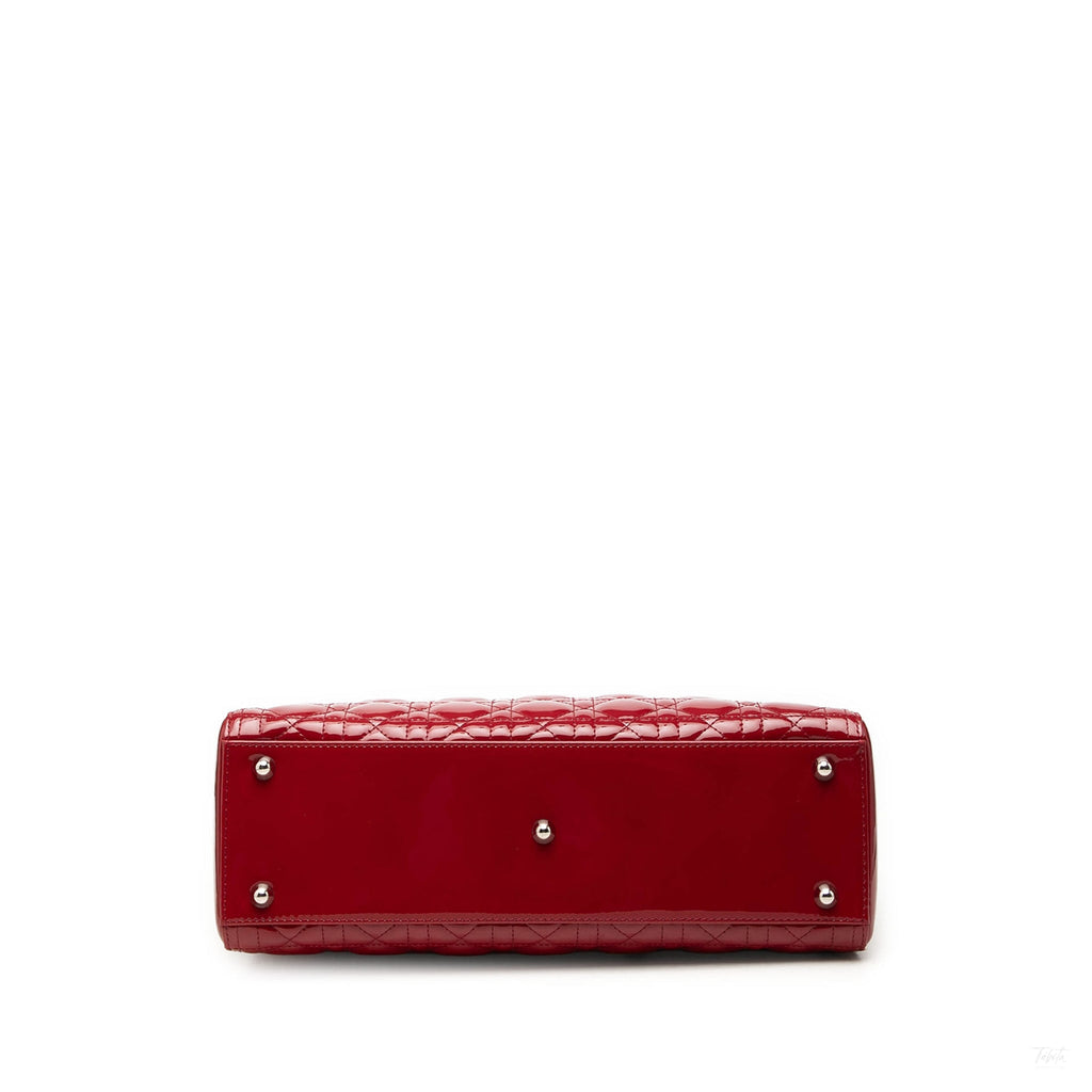 Second hand Dior Lady Dior Large Patent Leather Zip Cannage Tote Handbag Red - Tabita Bags